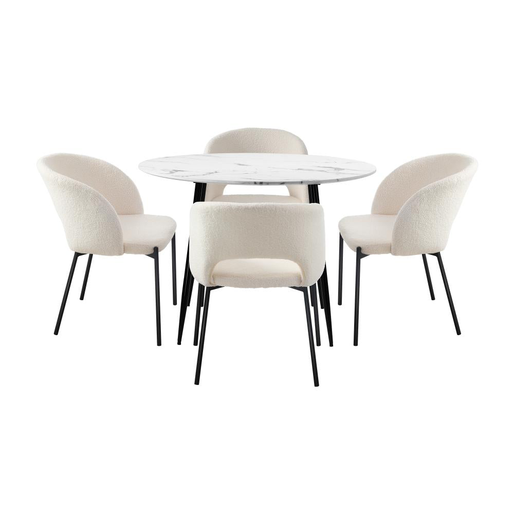 Peruzzi Boucle Luxe Dining Table Set | 5-7 Seater Premium Modern Dining Table Marble Style Top and Boucle Dining Chairs