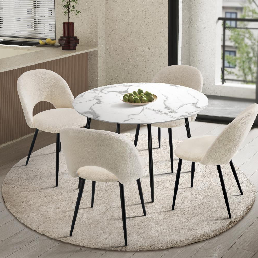 Teddy Milo Boucle 5pc Dining Table Set | Premium Modern Dining Table Marble Style Top and White Boucle Chairs