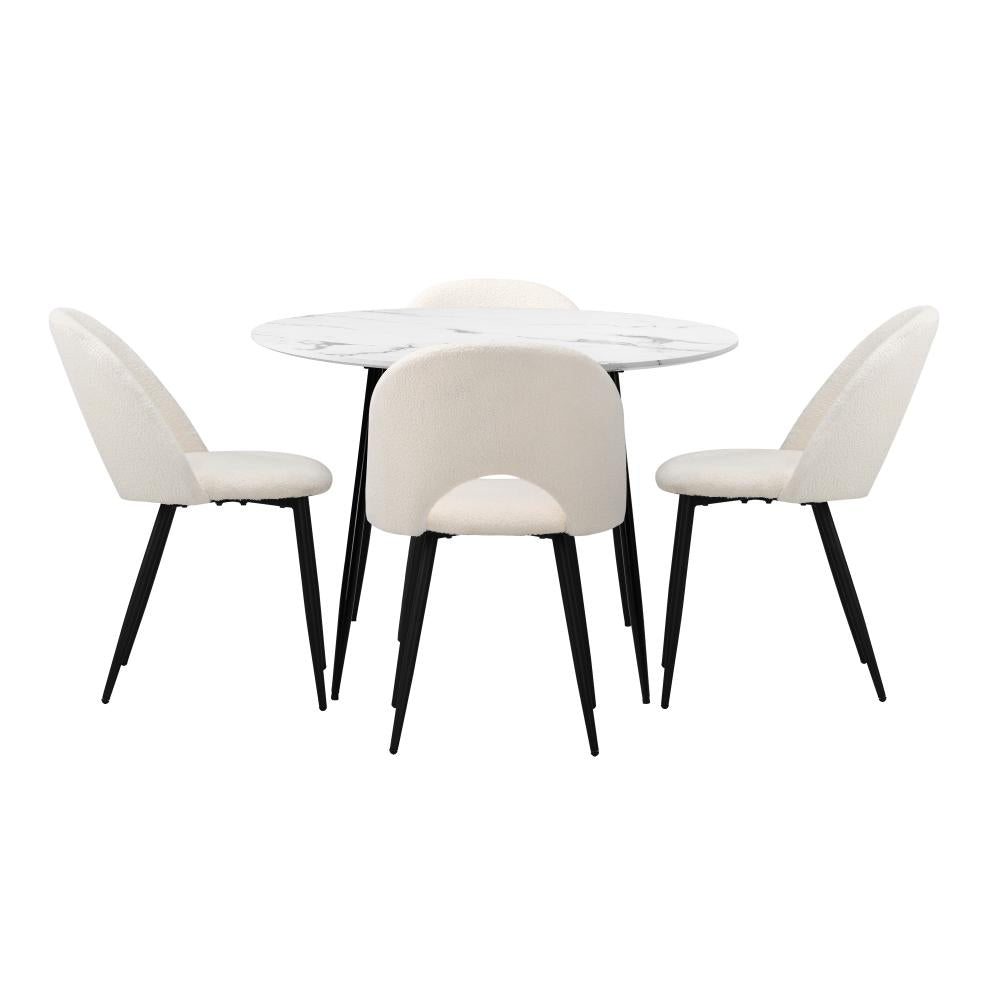 Teddy Milo Boucle 5pc Dining Table Set | Premium Modern Dining Table Marble Style Top and White Boucle Chairs