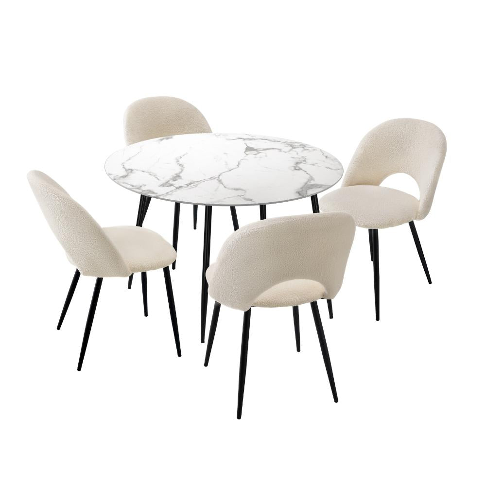 Teddy Milo Boucle 5pc Dining Table Set | Premium Modern Dining Table Marble Style Top and White Boucle Chairs