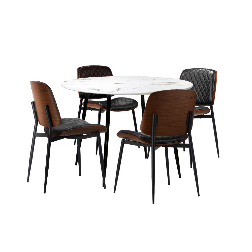 Miami Eros 5pc Dining Table Set Premium PU Leather Chairs | Premium Modern Dining Table Marble Style Top