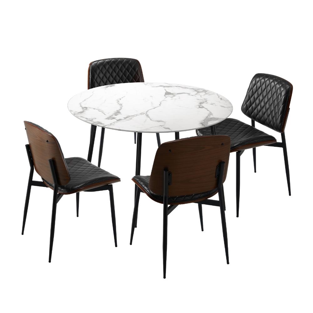 Miami Eros 5pc Dining Table Set Premium PU Leather Chairs | Premium Modern Dining Table Marble Style Top