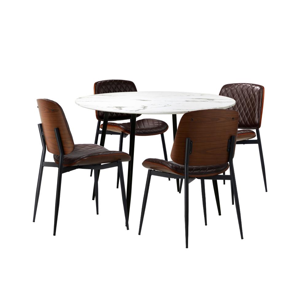 Miami Eros 5pc Dining Table Set Premium PU Leather Chairs | Premium Modern Dining Table Marble Style Top