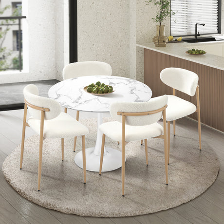 Milo Gold Boucle 90cm Round Dining Table Set | 5 Seater Modern Dining Table Marble Style Top and Boucle Dining Chairs