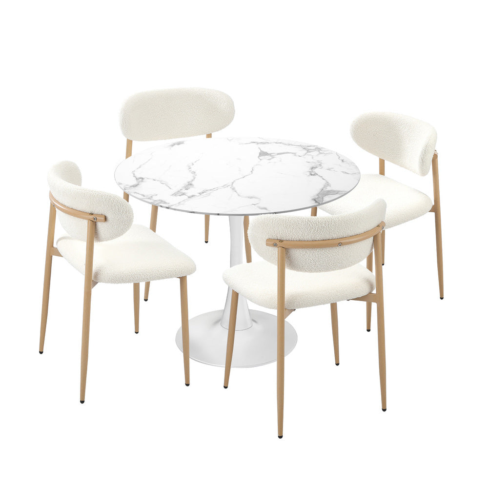 Milo Gold Boucle 90cm Round Dining Table Set | 5 Seater Modern Dining Table Marble Style Top and Boucle Dining Chairs