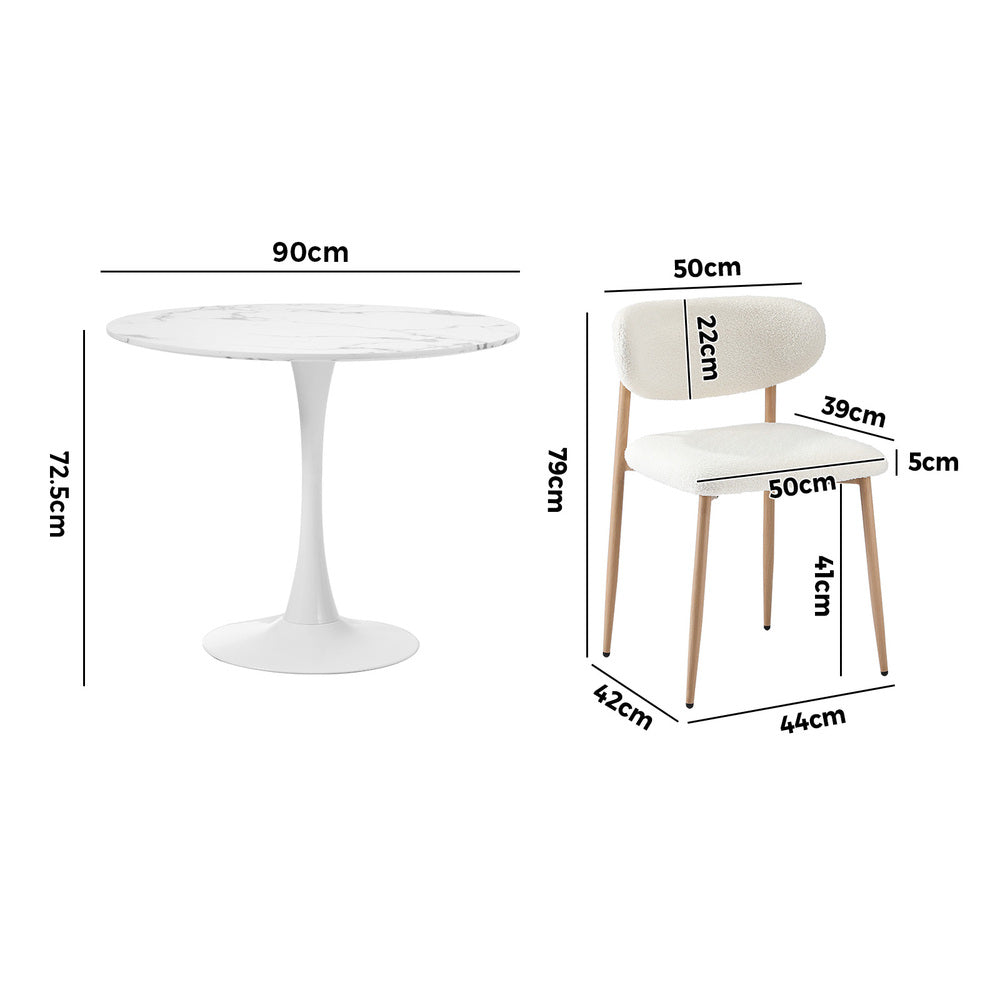 Milo Gold Boucle 90cm Round Dining Table Set | 5 Seater Modern Dining Table Marble Style Top and Boucle Dining Chairs