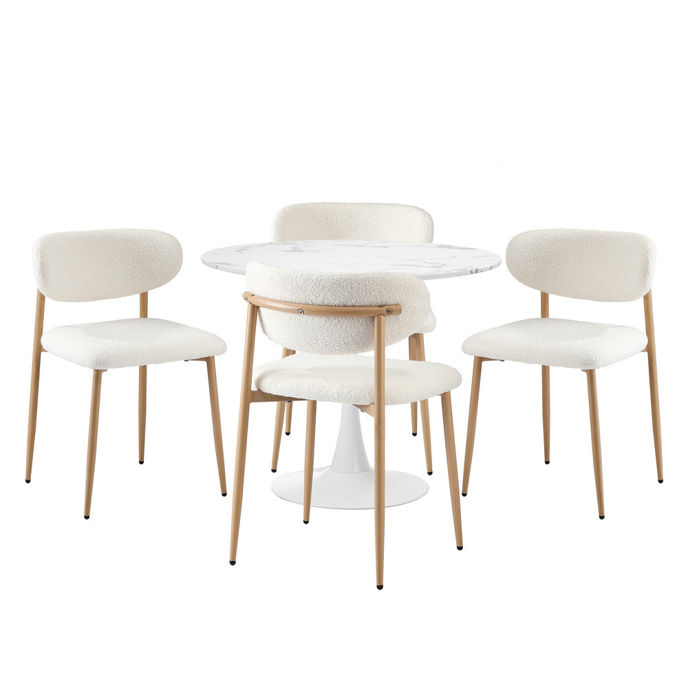 Milo Gold Boucle 90cm Round Dining Table Set | 5 Seater Modern Dining Table Marble Style Top and Boucle Dining Chairs