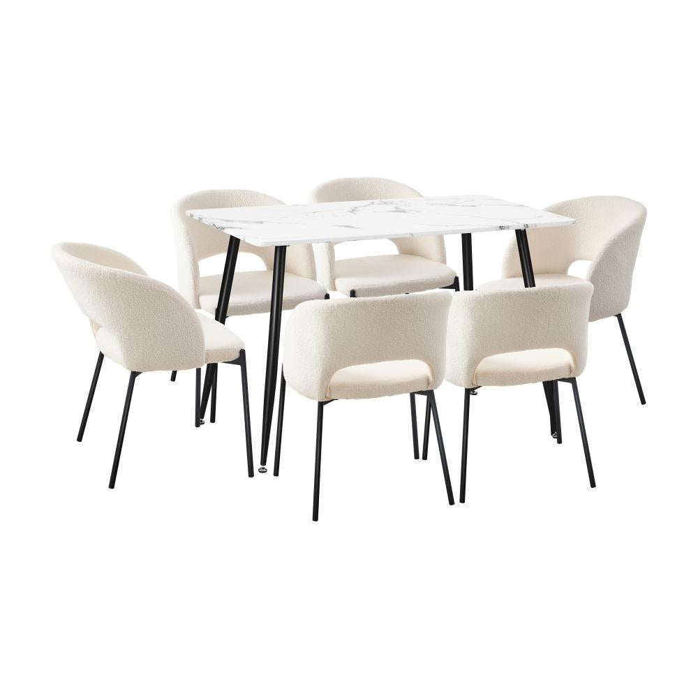 Peruzzi Boucle Luxe Dining Table Set | 5-7 Seater Premium Modern Dining Table Marble Style Top and Boucle Dining Chairs