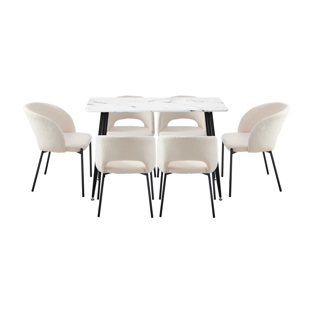 Peruzzi Boucle Luxe Dining Table Set | 5-7 Seater Premium Modern Dining Table Marble Style Top and Boucle Dining Chairs