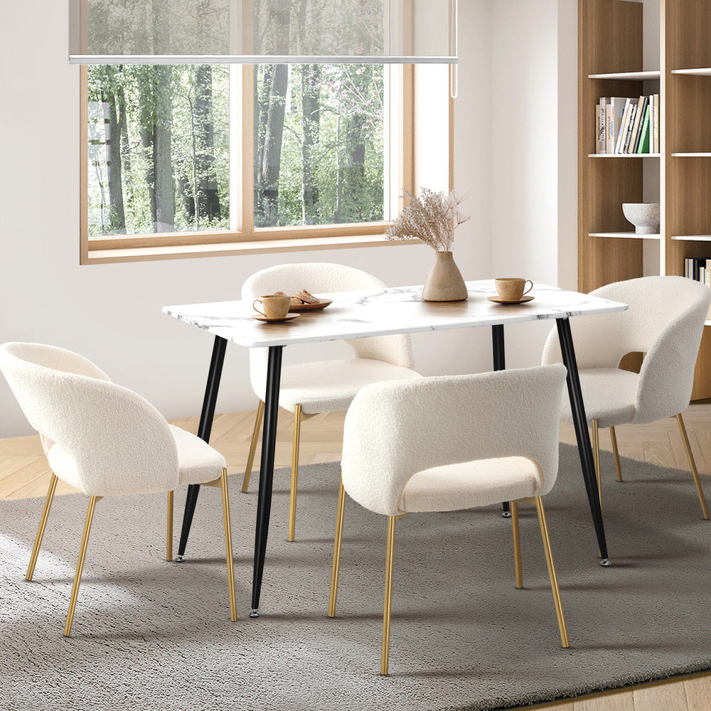 Duomo Boucle Gold Luxe Dining Table Set | 5-7 Seater Premium Modern Dining Table Marble Style Top