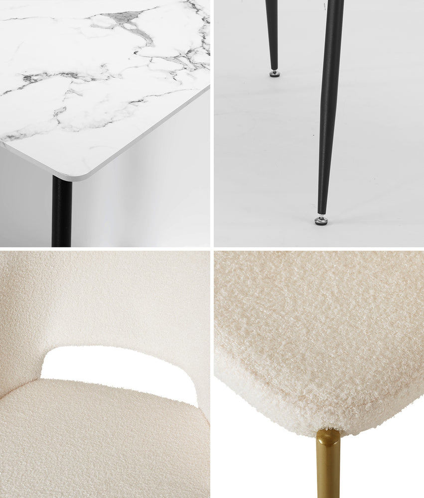 Duomo Boucle Gold Luxe Dining Table Set | 5-7 Seater Premium Modern Dining Table Marble Style Top