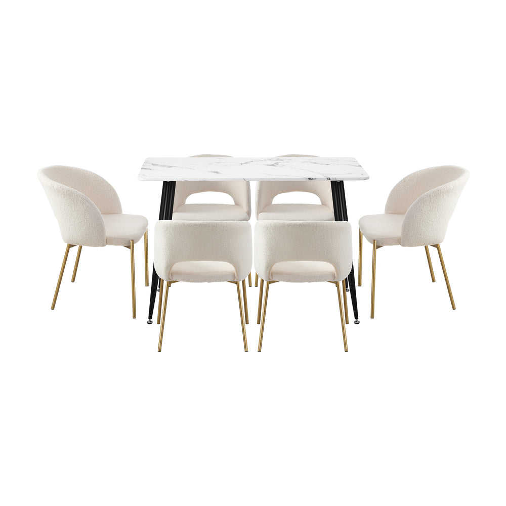 Duomo Boucle Gold Luxe Dining Table Set | 5-7 Seater Premium Modern Dining Table Marble Style Top