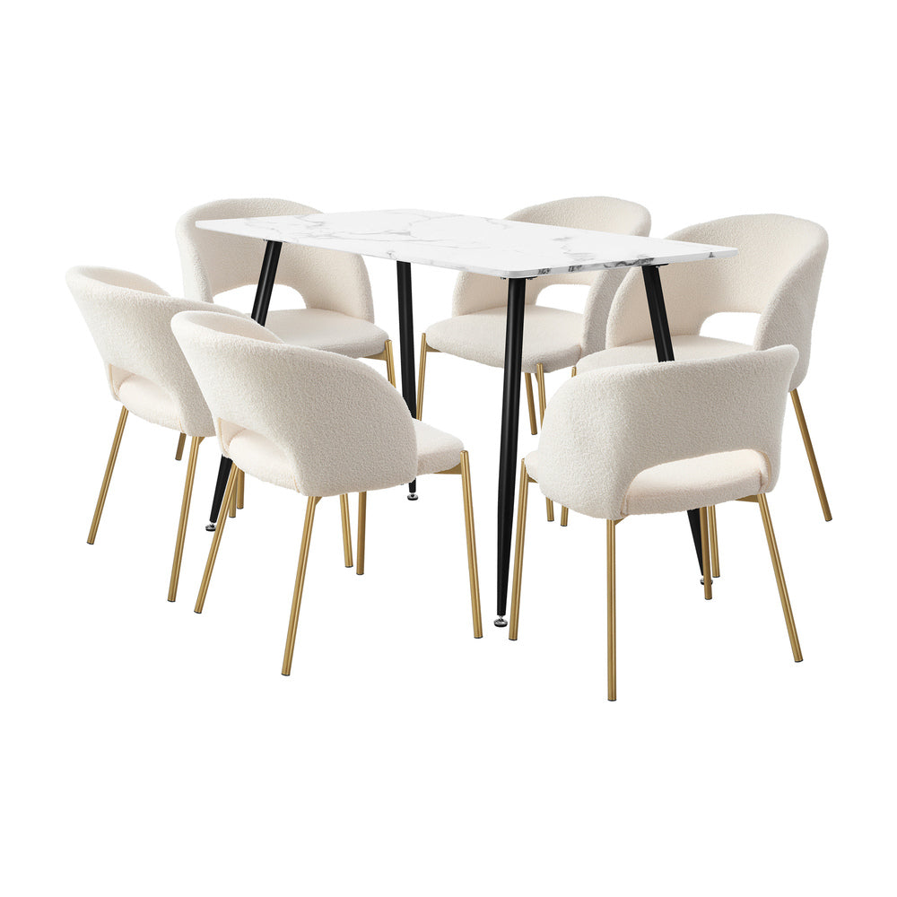 Duomo Boucle Gold Luxe Dining Table Set | 5-7 Seater Premium Modern Dining Table Marble Style Top