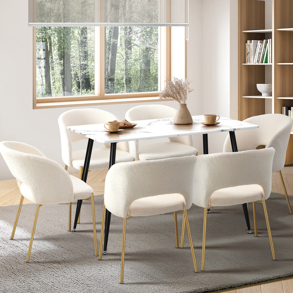 Duomo Boucle Gold Luxe Dining Table Set | 5-7 Seater Premium Modern Dining Table Marble Style Top