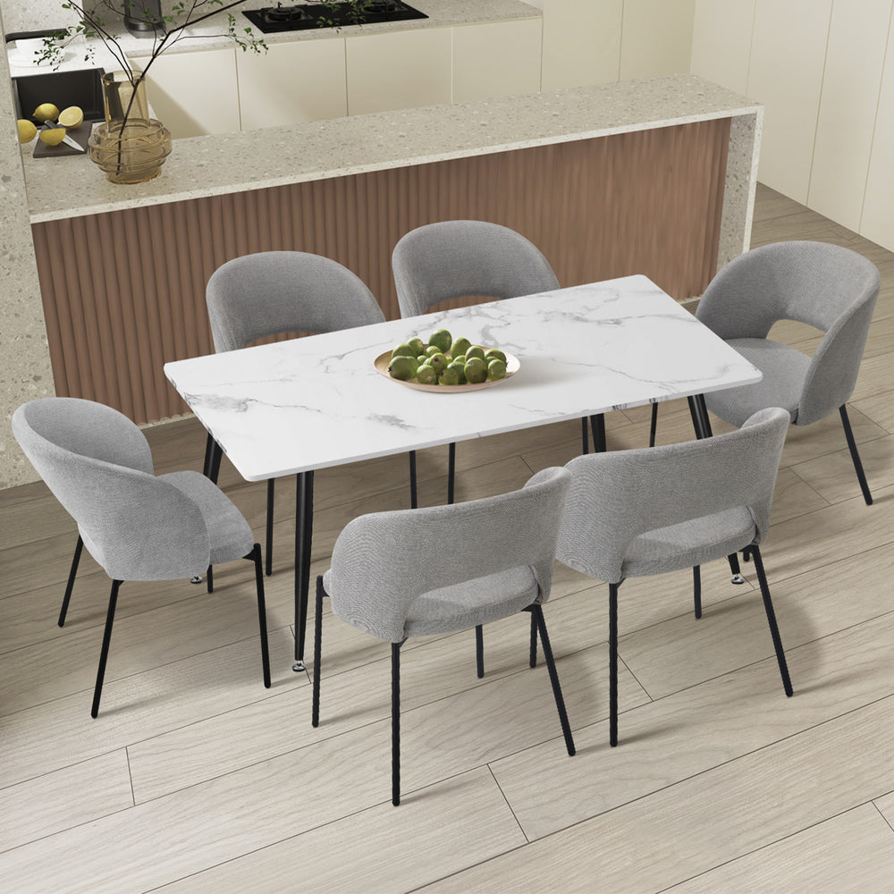 Teddy Millie Luxe Grey Fabric Dining Table Set | 5-7 Seater Premium Modern Dining Table Marble Style Top