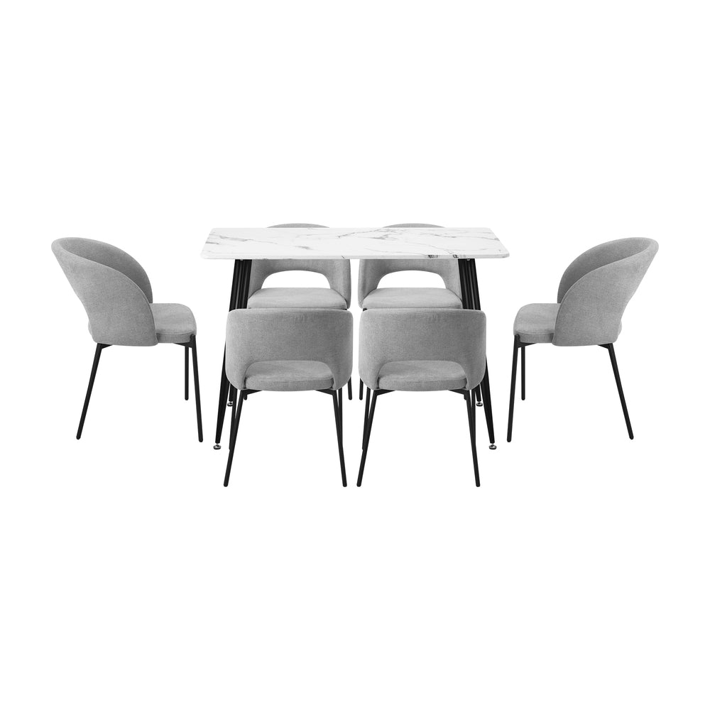 Teddy Millie Luxe Grey Fabric Dining Table Set | 5-7 Seater Premium Modern Dining Table Marble Style Top