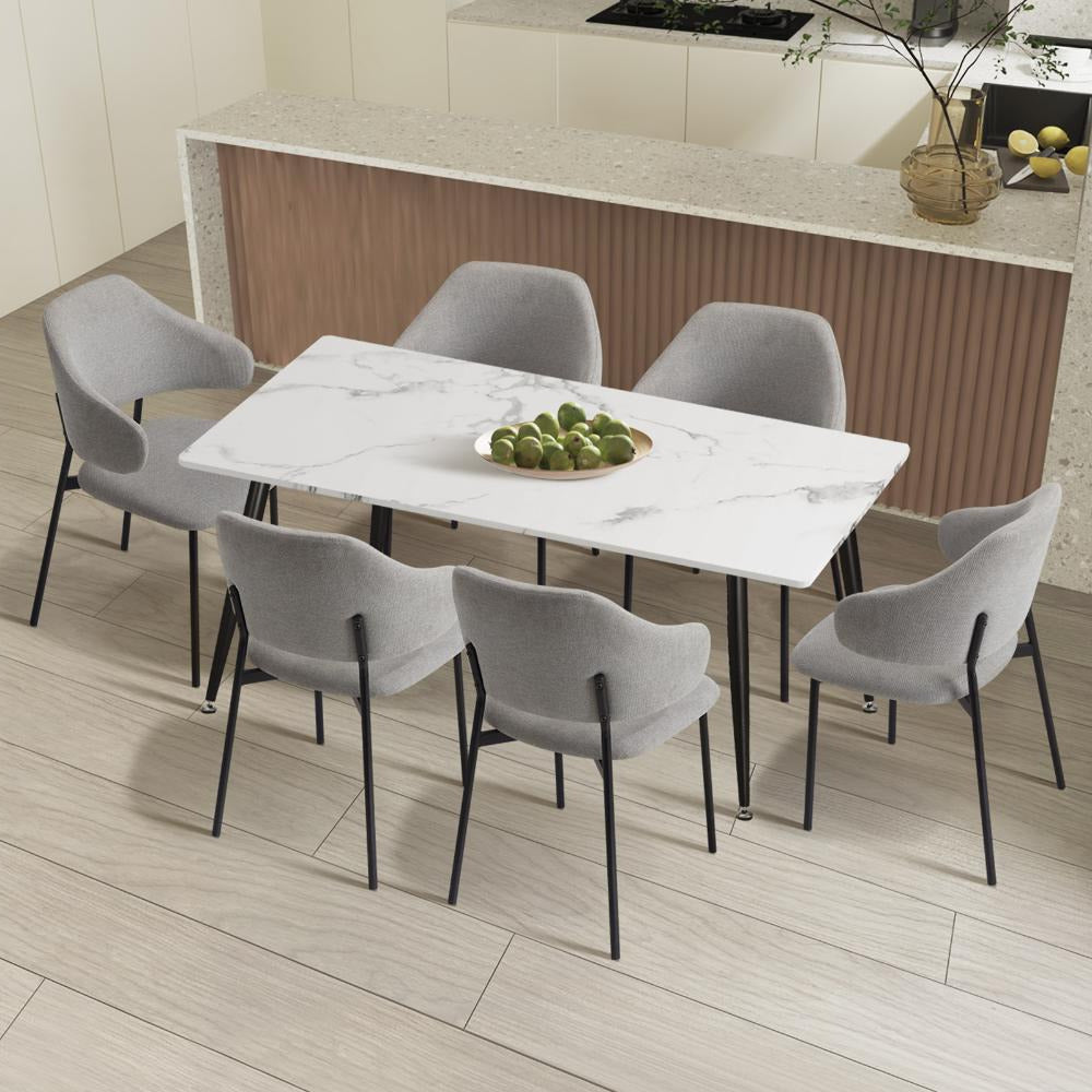 Alessi Grey Fabric Luxe Dining Table Set | 5-7 Seater Premium Modern Dining Table Marble Style Top and Fabric Dining Chairs