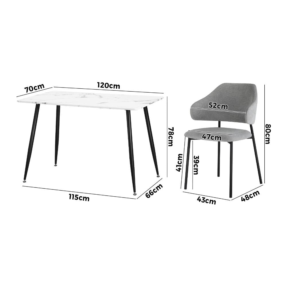 Alessi Grey Fabric Luxe Dining Table Set | 5-7 Seater Premium Modern Dining Table Marble Style Top and Fabric Dining Chairs