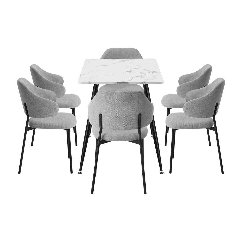 Alessi Grey Fabric Luxe Dining Table Set | 5-7 Seater Premium Modern Dining Table Marble Style Top and Fabric Dining Chairs