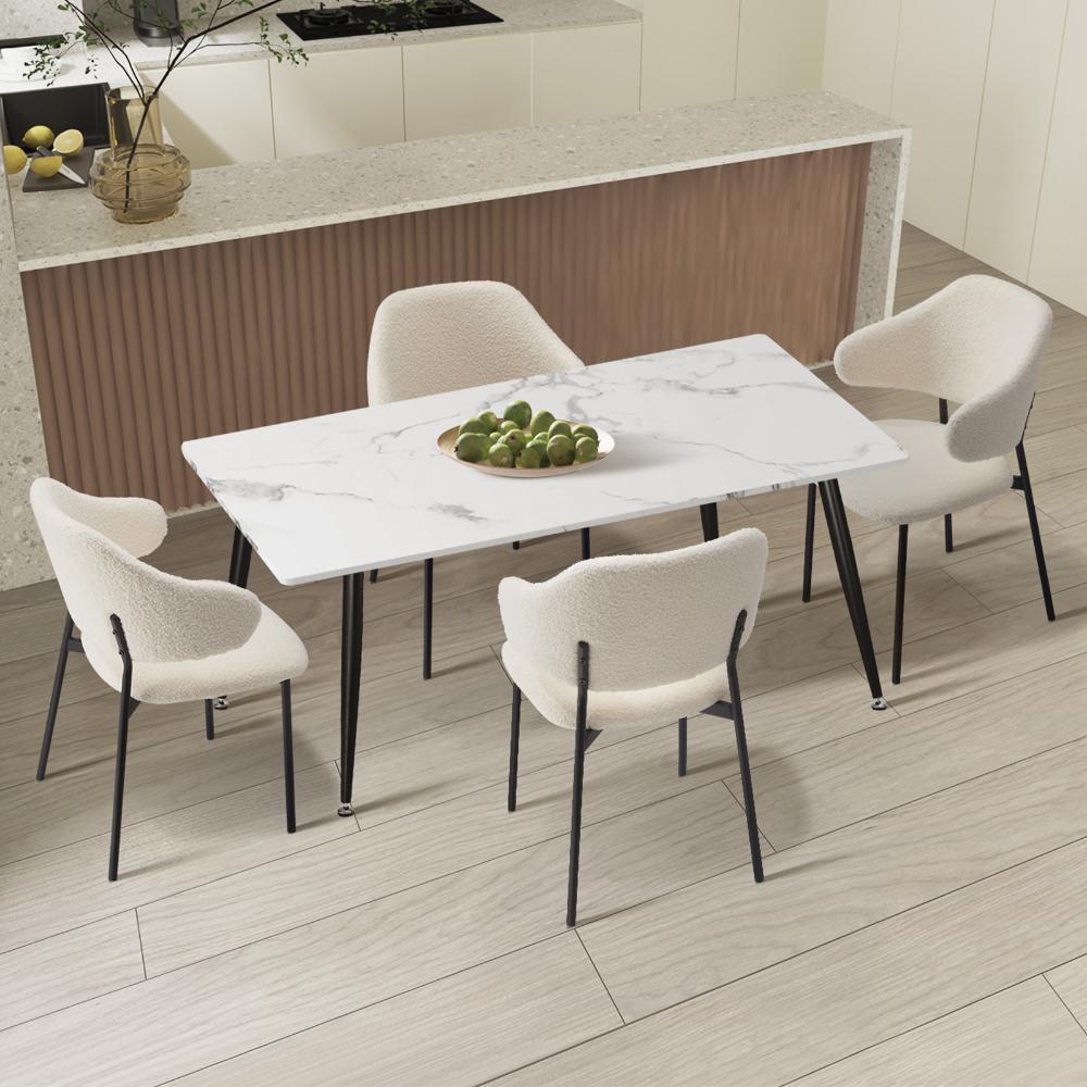 Marucio Boucle Luxe Dining Table Set | 5-7 Seater Premium Modern Dining Table Marble Style Top and Boucle Dining Chairs