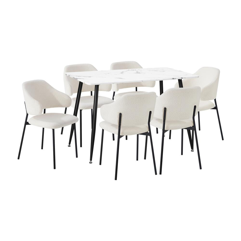 Marucio Boucle Luxe Dining Table Set | 5-7 Seater Premium Modern Dining Table Marble Style Top and Boucle Dining Chairs