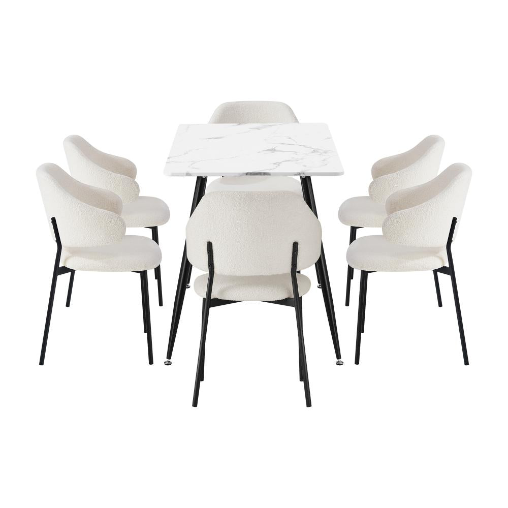 Marucio Boucle Luxe Dining Table Set | 5-7 Seater Premium Modern Dining Table Marble Style Top and Boucle Dining Chairs