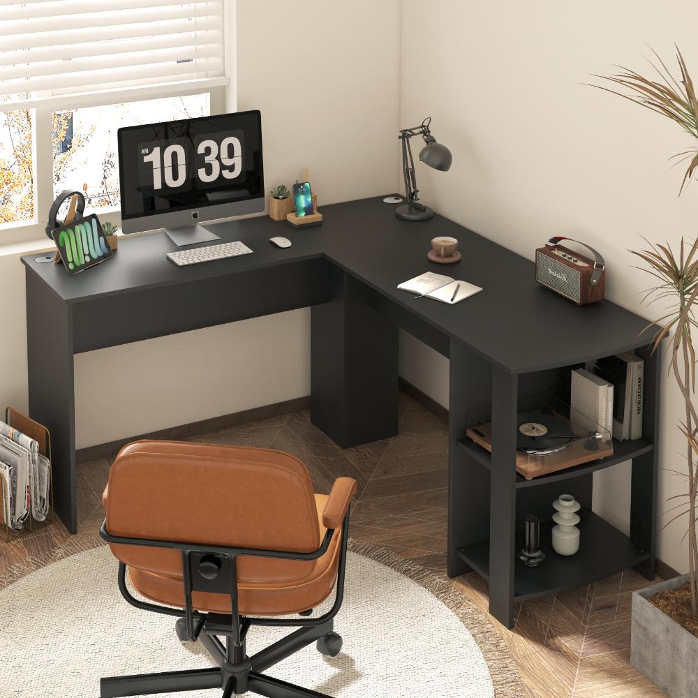 Milano Premiere L Shaped Corner Computer Desk Station | Wooden Corner Office Desk with Storage Shelves Space Saver