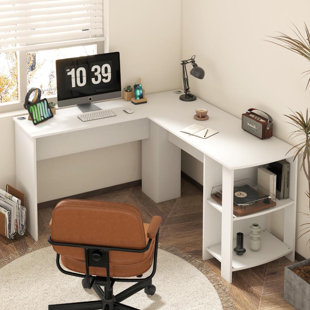 Milano Premiere L Shaped Corner Computer Desk Station | Wooden Corner Office Desk with Storage Shelves Space Saver