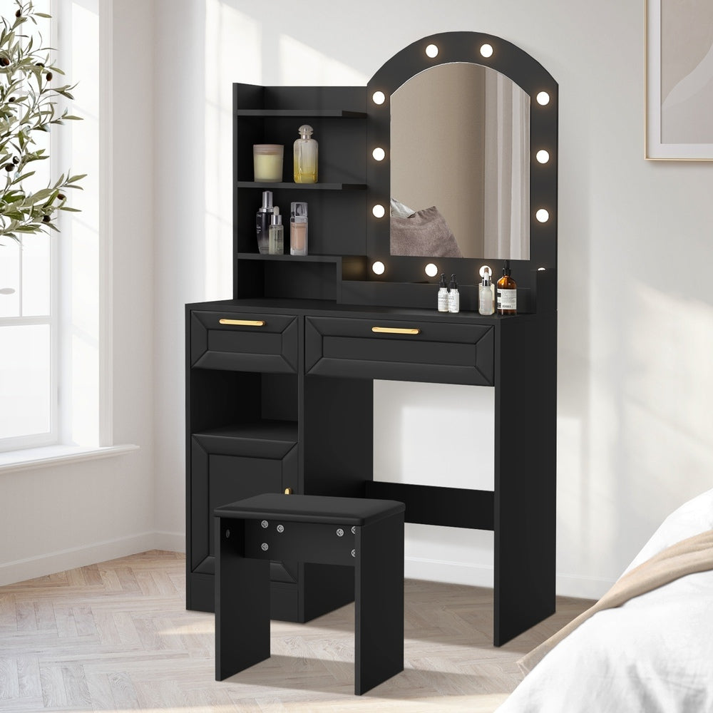 Amoure Arched Hollywood Dressing Table & Stool Set | LED Strip Mirror Storage Makeup Desk Cabinet