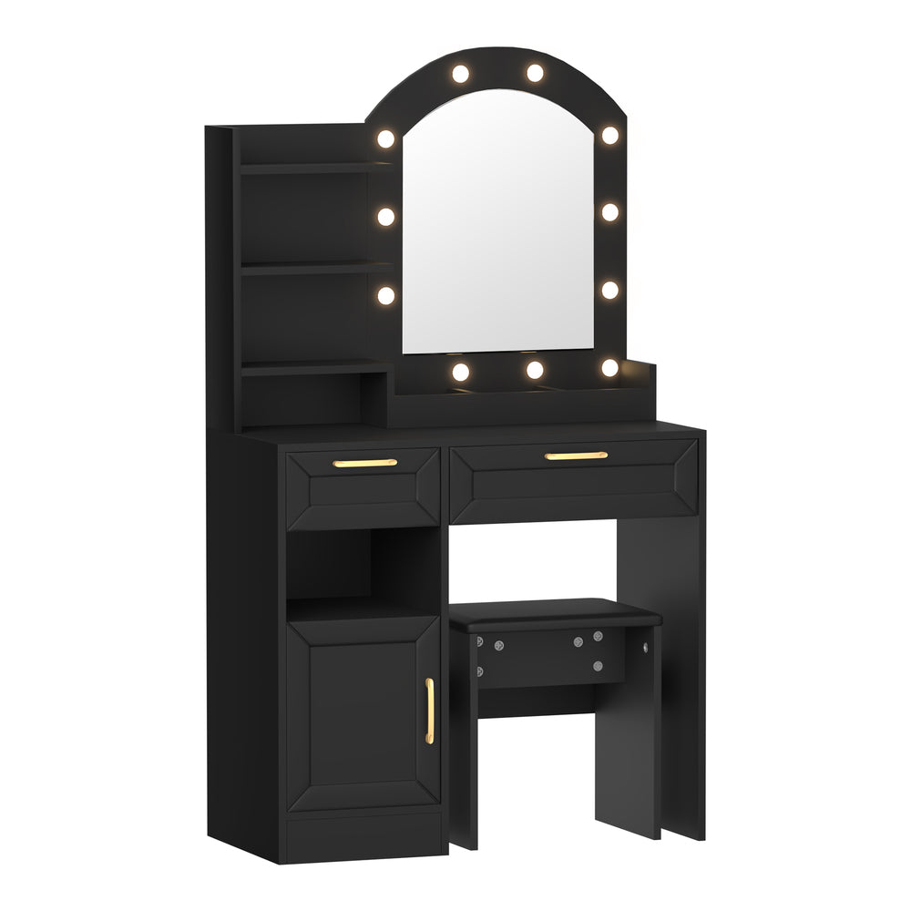 Amoure Arched Hollywood Dressing Table & Stool Set | LED Strip Mirror Storage Makeup Desk Cabinet
