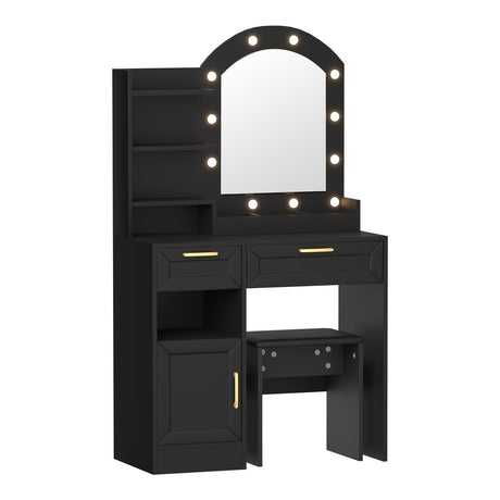 Amoure Arched Hollywood Dressing Table & Stool Set | LED Strip Mirror Storage Makeup Desk Cabinet