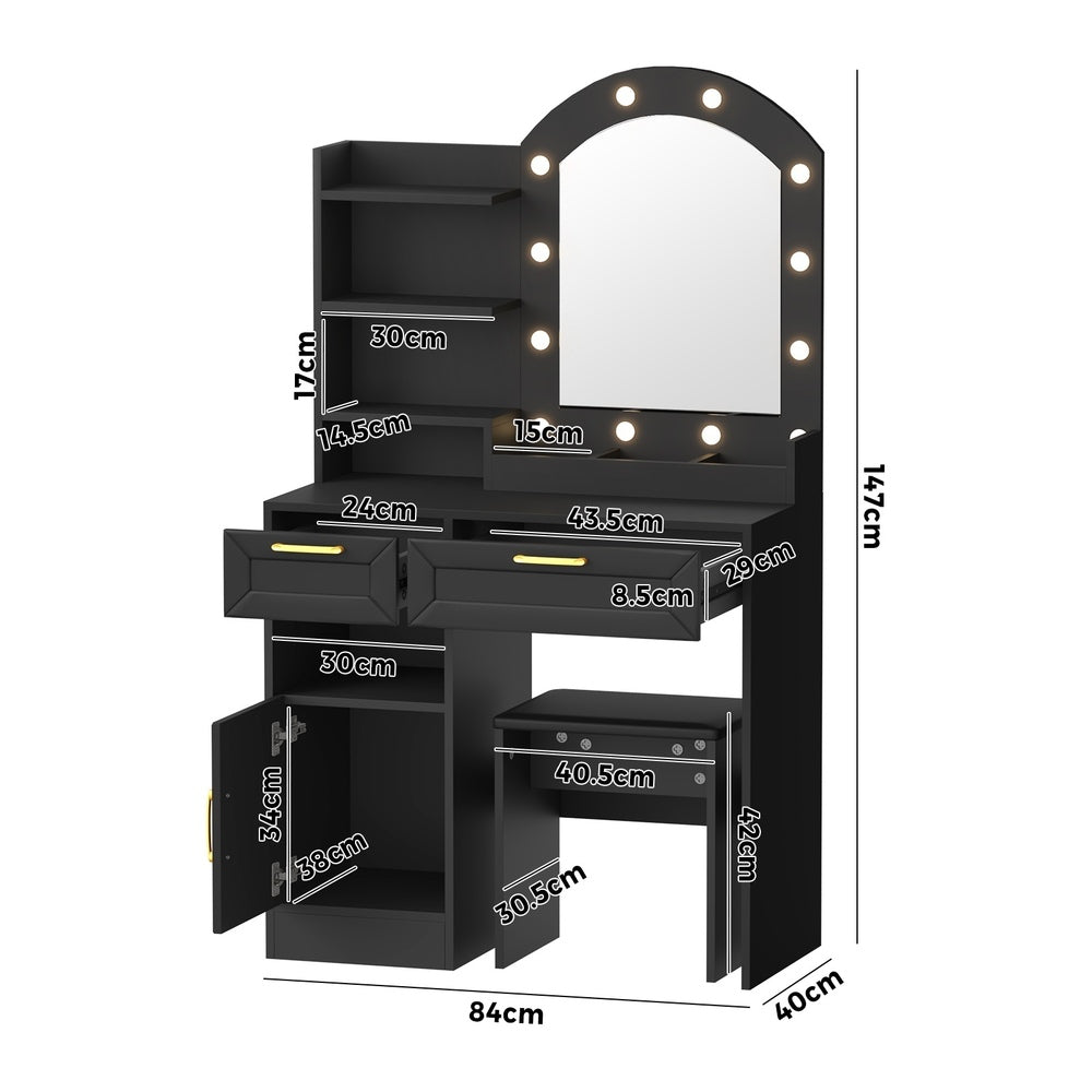 Amoure Arched Hollywood Dressing Table & Stool Set | LED Strip Mirror Storage Makeup Desk Cabinet