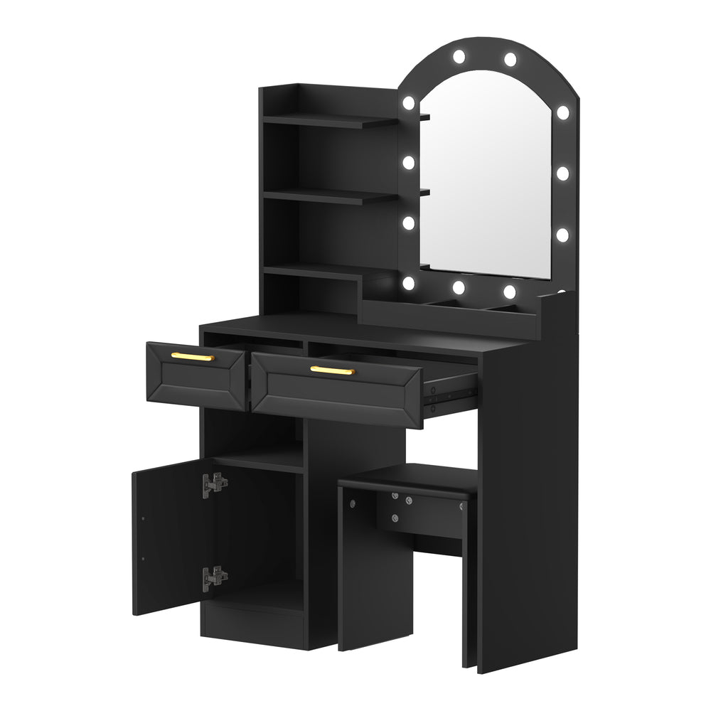 Amoure Arched Hollywood Dressing Table & Stool Set | LED Strip Mirror Storage Makeup Desk Cabinet