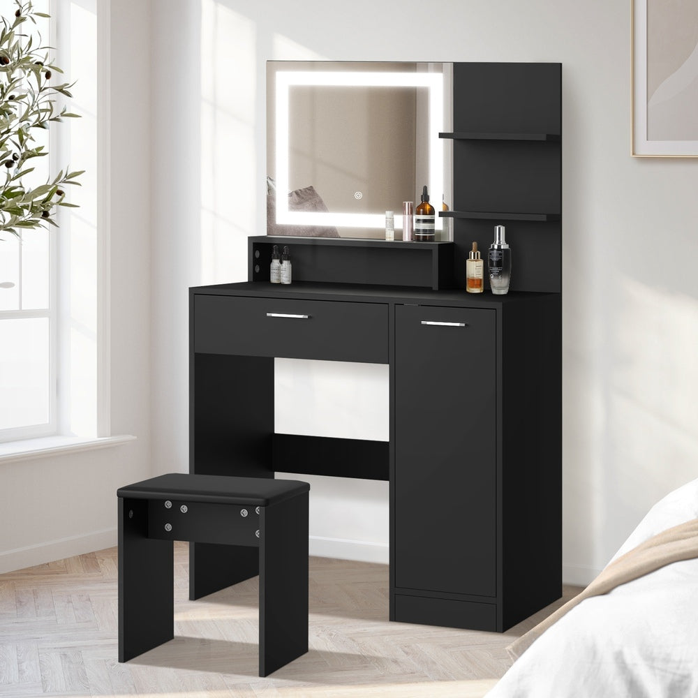 Amoure Hollywood Dressing Table and Stool Set | LED Strip Mirror Storage Makeup Desk Cabinet