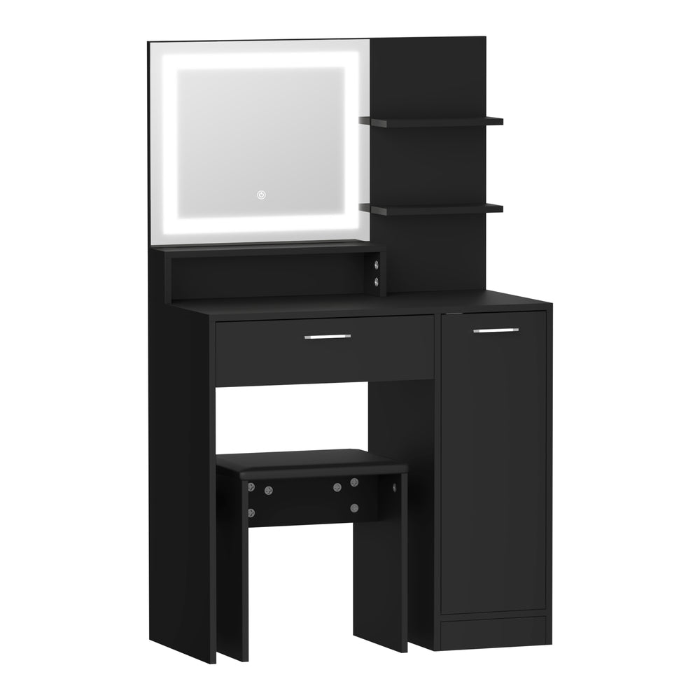 Amoure Hollywood Dressing Table and Stool Set | LED Strip Mirror Storage Makeup Desk Cabinet