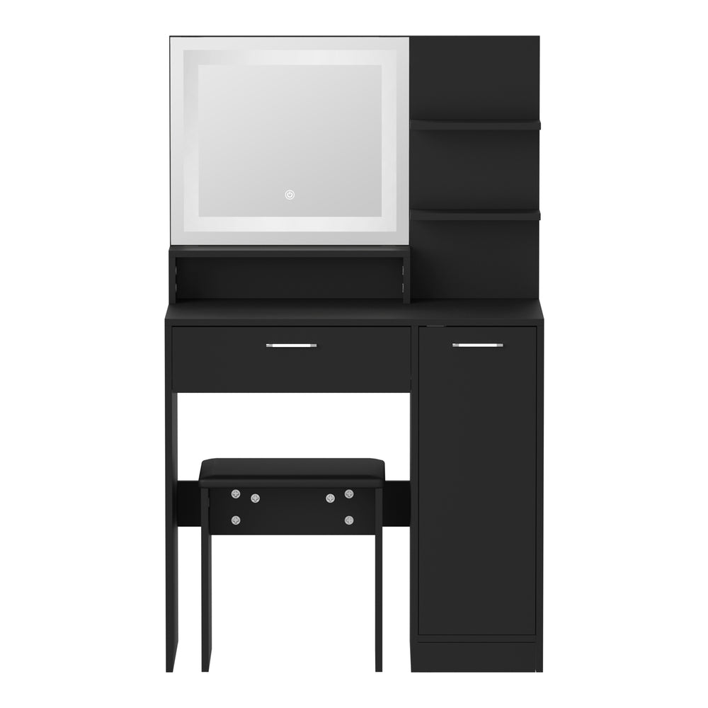 Amoure Hollywood Dressing Table and Stool Set | LED Strip Mirror Storage Makeup Desk Cabinet