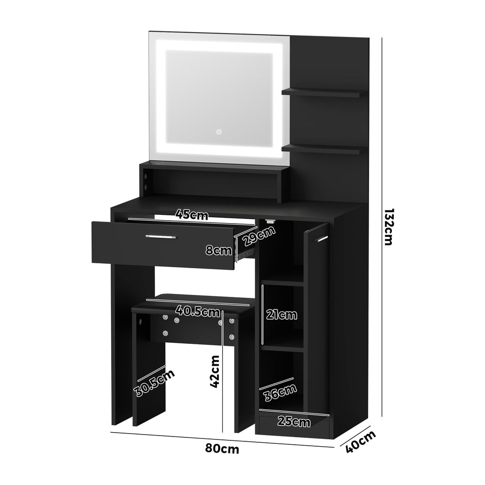 Amoure Hollywood Dressing Table and Stool Set | LED Strip Mirror Storage Makeup Desk Cabinet