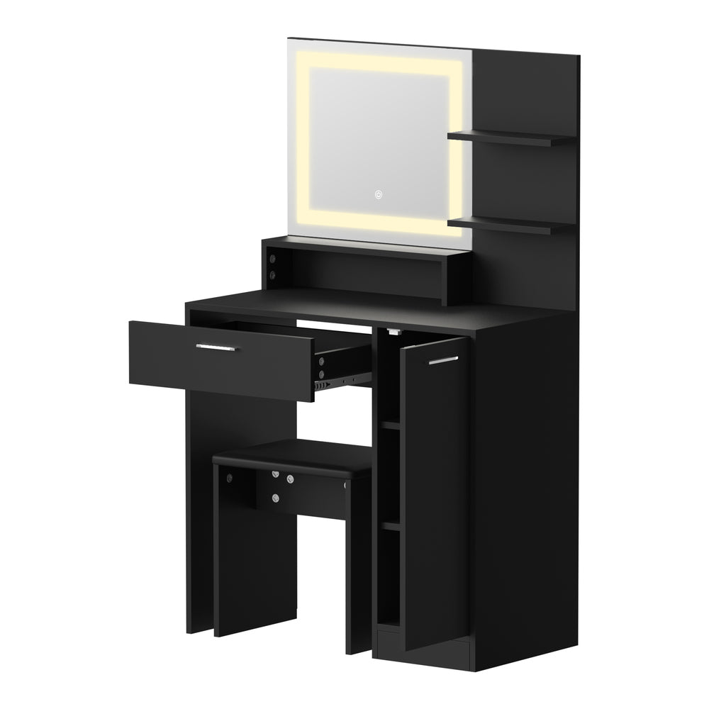 Amoure Hollywood Dressing Table and Stool Set | LED Strip Mirror Storage Makeup Desk Cabinet