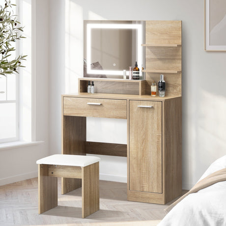 Amoure Hollywood Dressing Table and Stool Set | LED Strip Mirror Storage Makeup Desk Cabinet