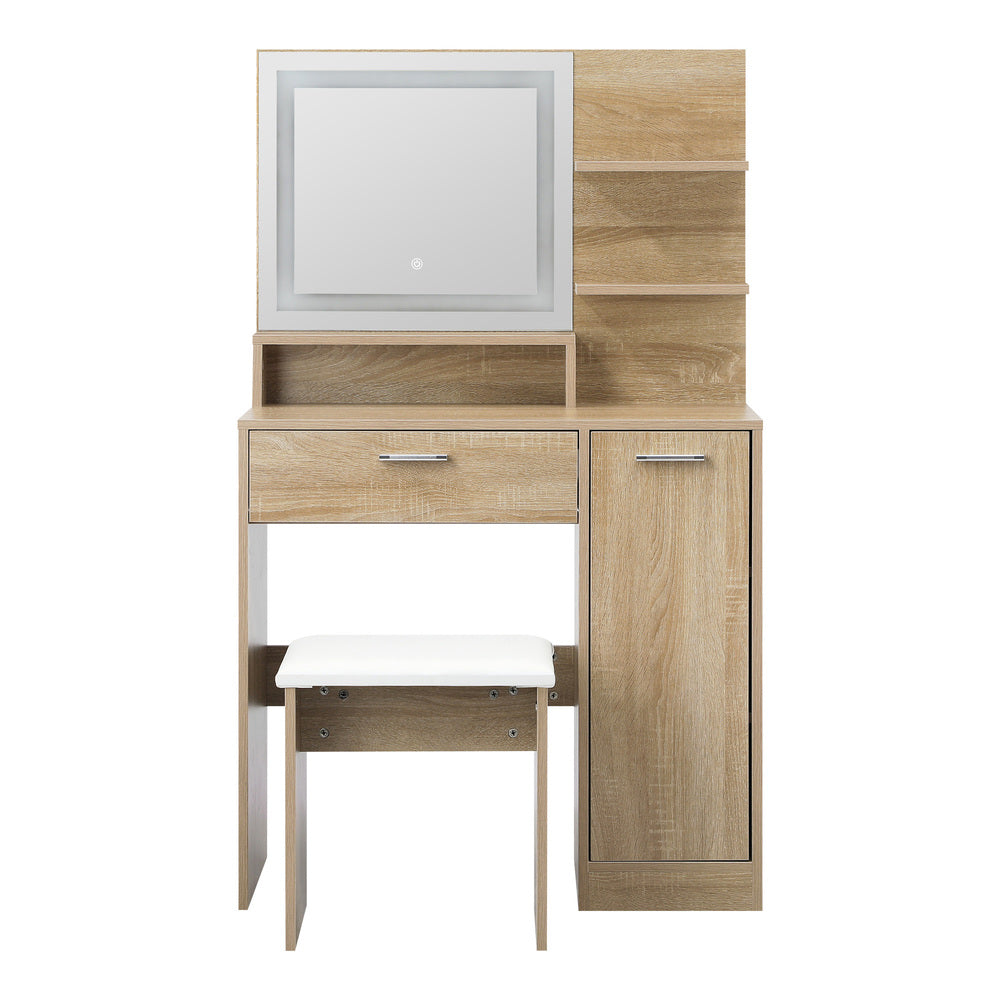 Amoure Hollywood Dressing Table and Stool Set | LED Strip Mirror Storage Makeup Desk Cabinet
