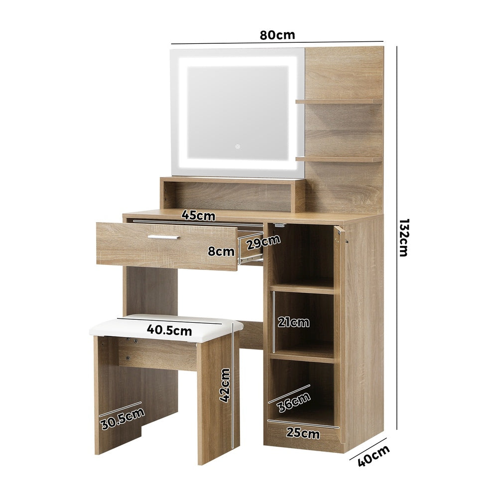 Amoure Hollywood Dressing Table and Stool Set | LED Strip Mirror Storage Makeup Desk Cabinet