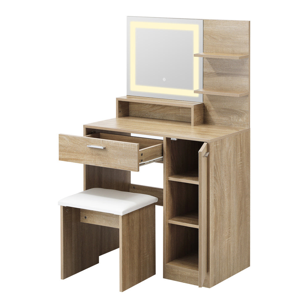 Amoure Hollywood Dressing Table and Stool Set | LED Strip Mirror Storage Makeup Desk Cabinet