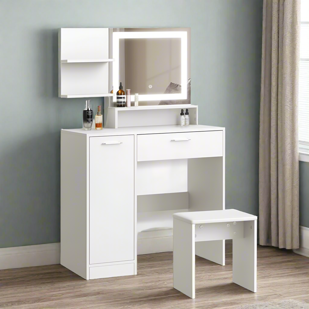 Amoure Hollywood Dressing Table and Stool Set | LED Strip Mirror Storage Makeup Desk Cabinet