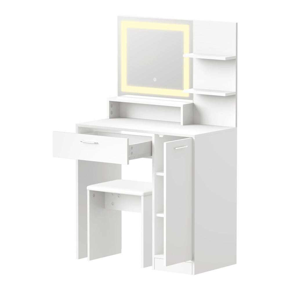Amoure Hollywood Dressing Table and Stool Set | LED Strip Mirror Storage Makeup Desk Cabinet