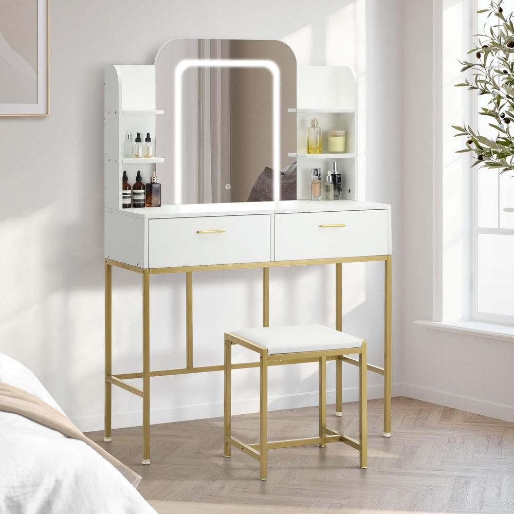 Glamz Gold Hollywood Dressing Table & Stool Set | LED Mirror Storage Makeup Desk Cabinet