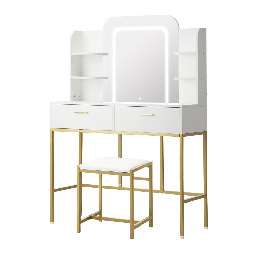 Glamz Gold Hollywood Dressing Table & Stool Set | LED Mirror Storage Makeup Desk Cabinet