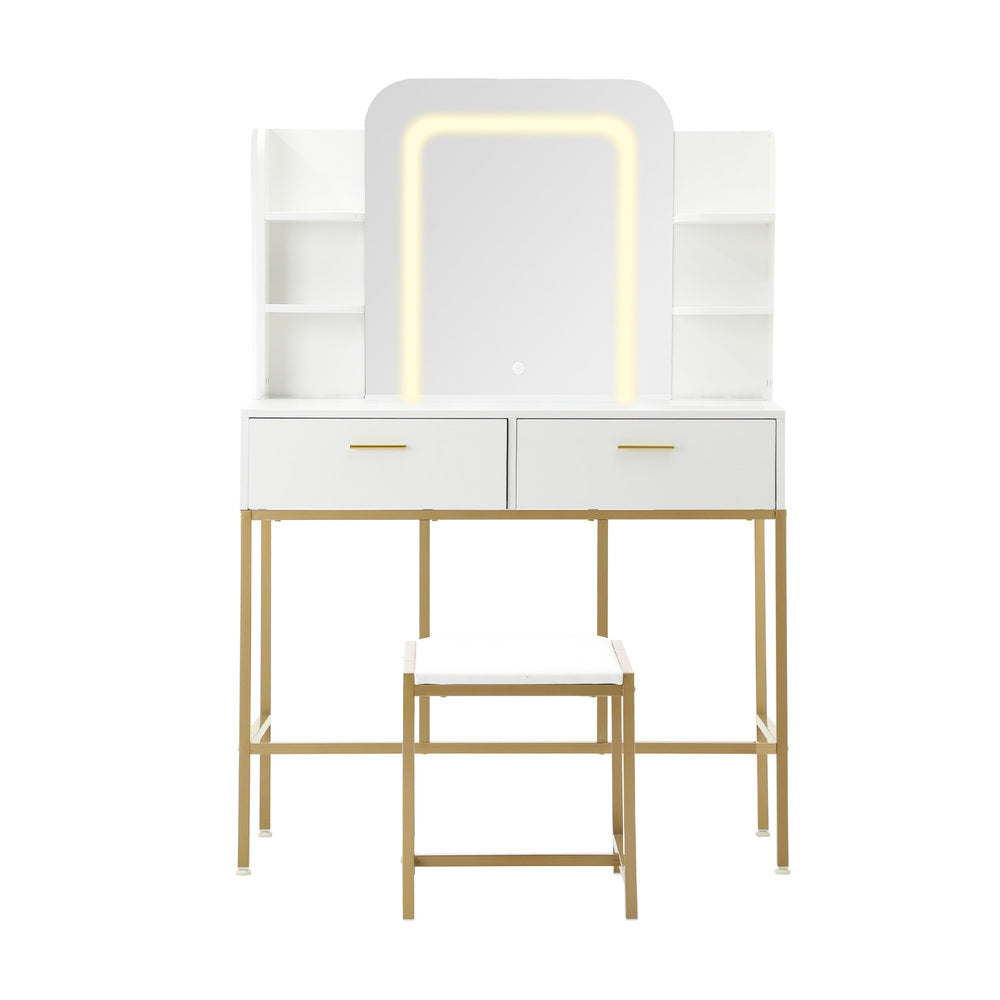 Glamz Gold Hollywood Dressing Table & Stool Set | LED Mirror Storage Makeup Desk Cabinet