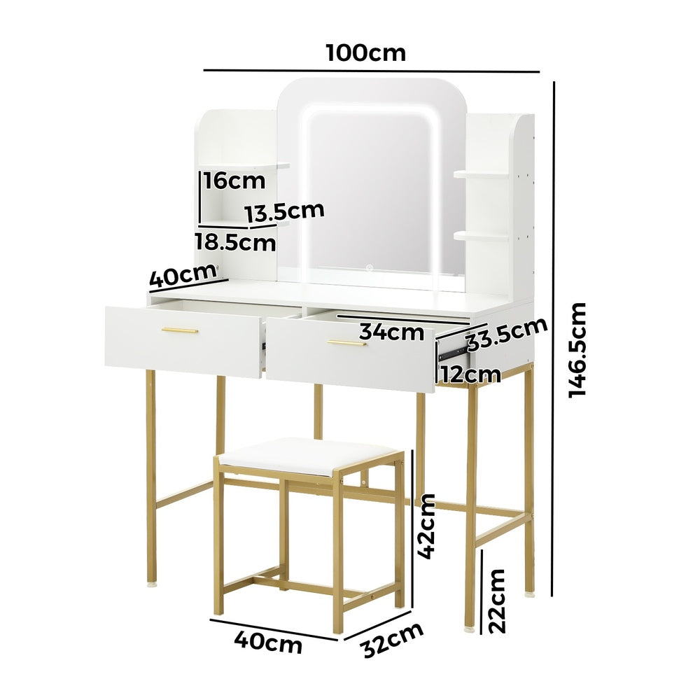 Glamz Gold Hollywood Dressing Table & Stool Set | LED Mirror Storage Makeup Desk Cabinet