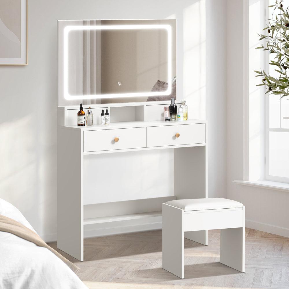 Princess Mila Hollywood Dressing Table Stool Set | LED Strip Mirror Storage Makeup Desk Cabinet