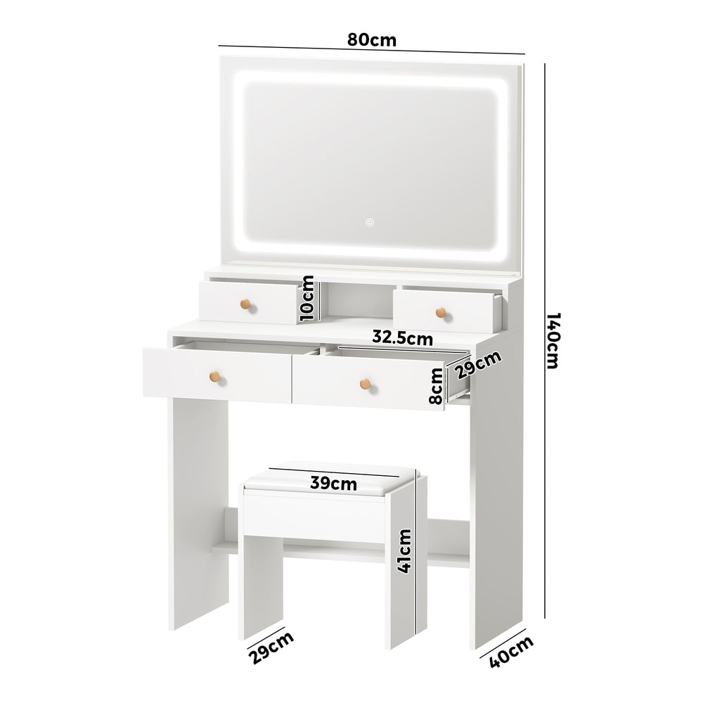 Princess Mila Hollywood Dressing Table Stool Set | LED Strip Mirror Storage Makeup Desk Cabinet